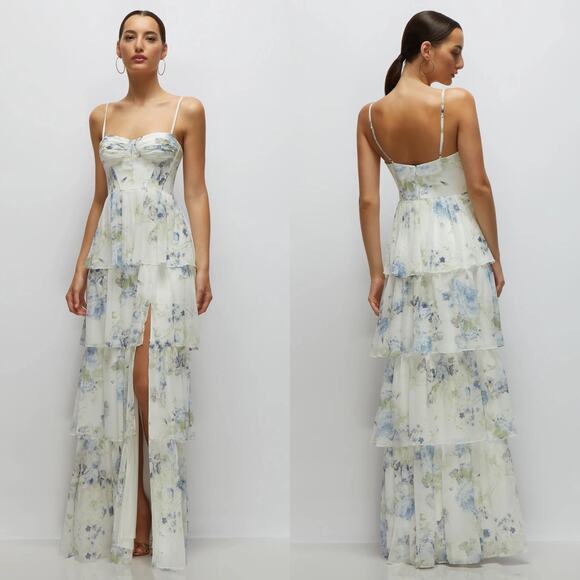NEW Dessy Collection Bustier Ruffle Evening Gown in Bleu Garden Print Size 2 - Picture 1 of 9